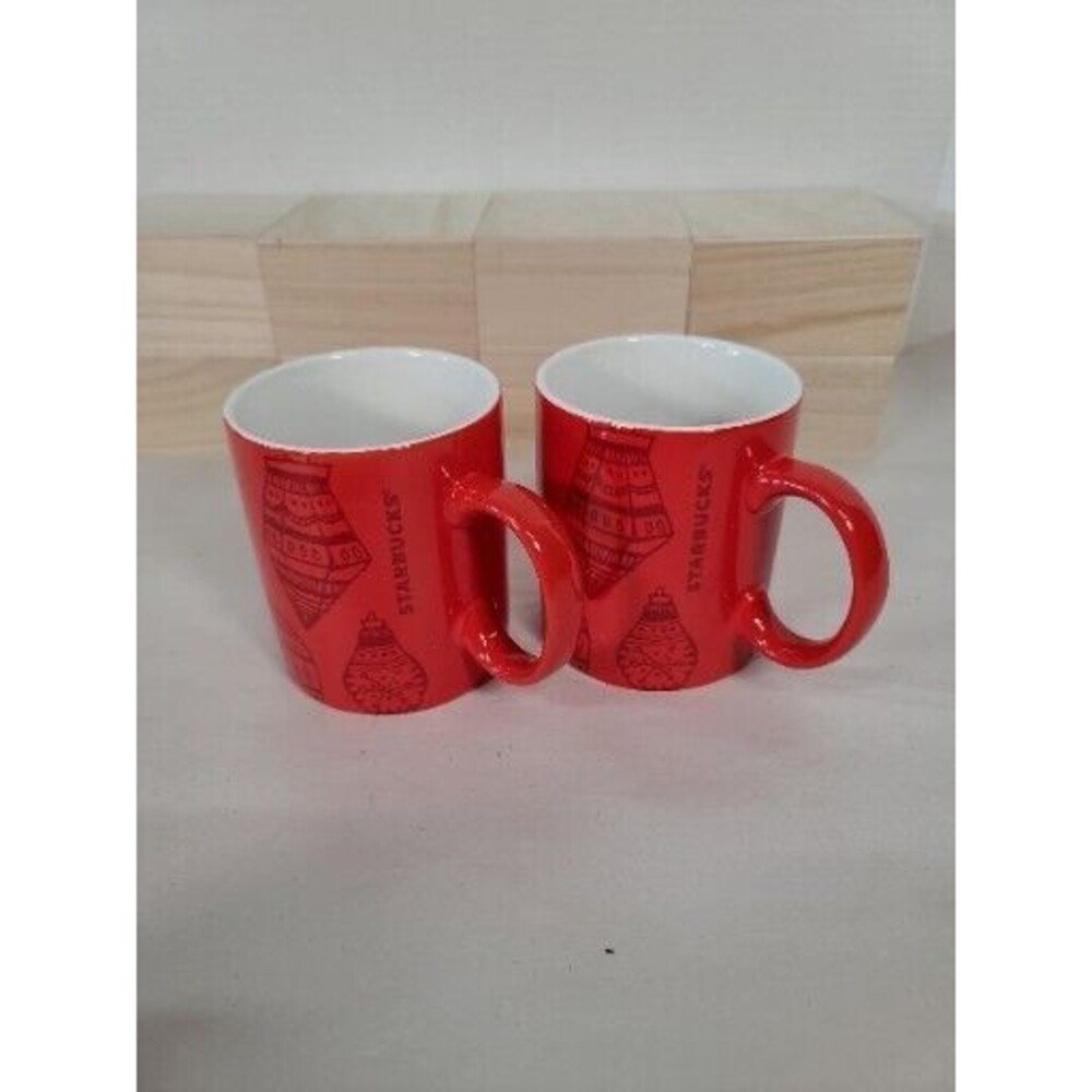 Set Of 2 Starbucks Red Holiday Christmas Ornament Pattern Coffee Mug/Cup  2015